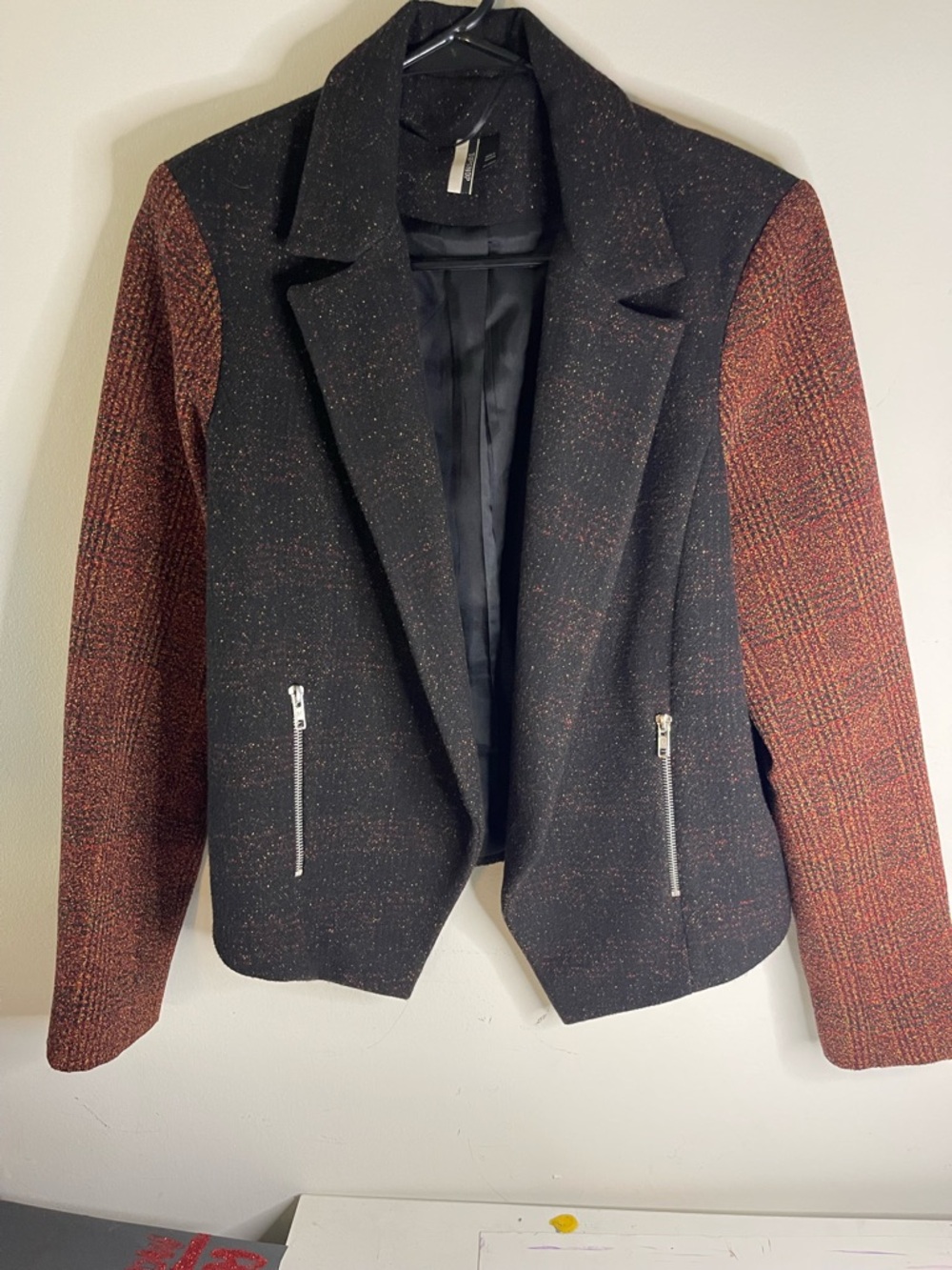 Top shop Black Blazer Jacket with Rust Tweed Sleeves